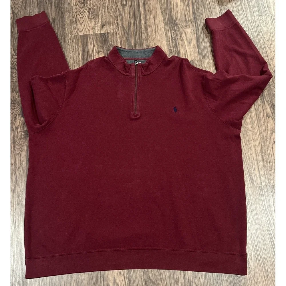 Polo Ralph Lauren Sweater Mens Size 4LT Color Wine 1/4 Zip Pullover Blue Pony